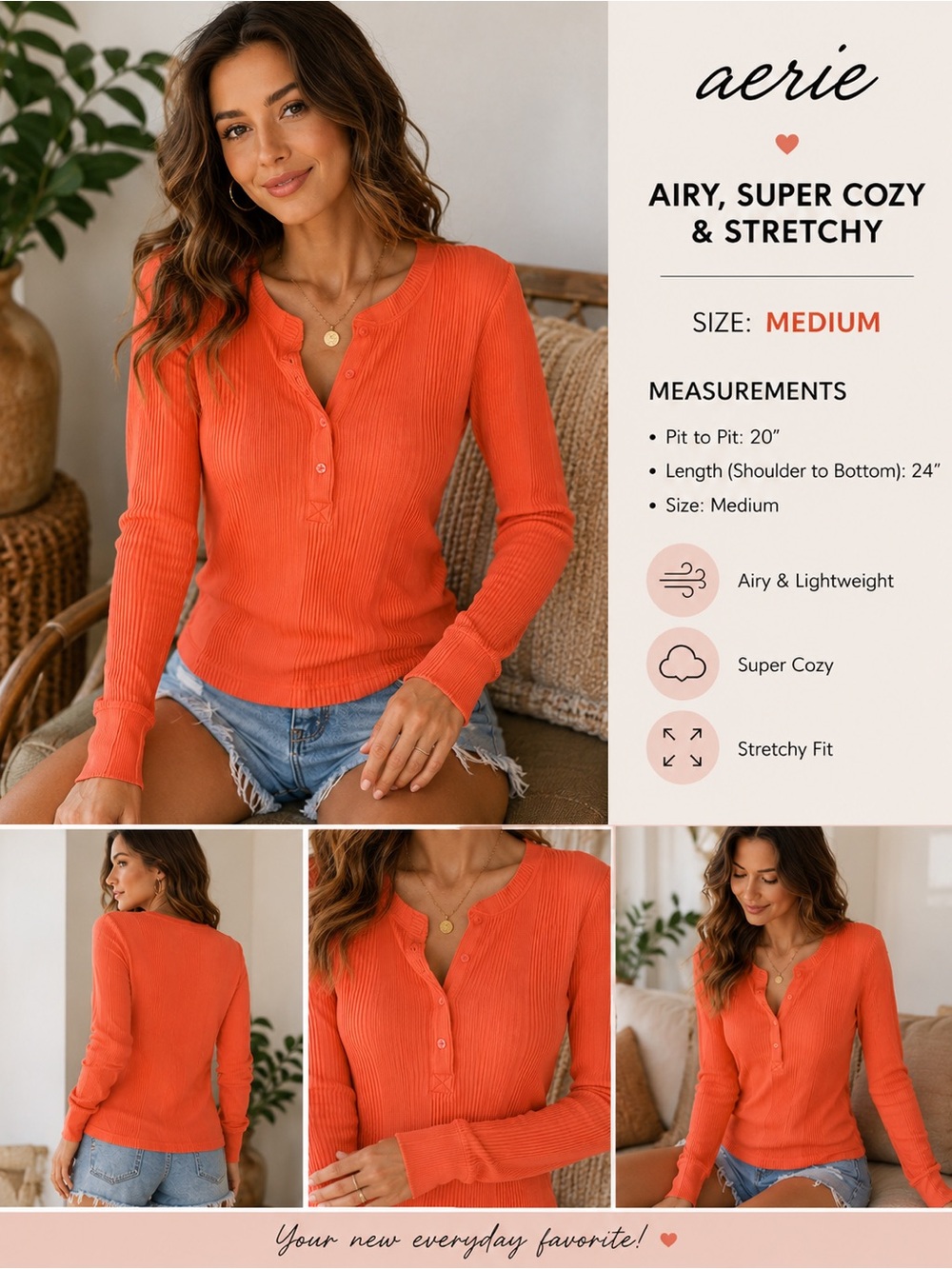 aerie Orange Ribbed Henley Long Sleeve Top